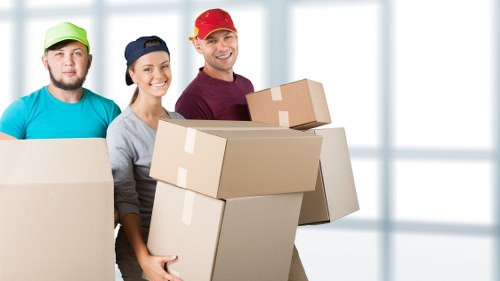 Local movers handling boxes and furniture carefully