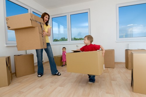 Packed office equipment ready for removals in Ruislip business move